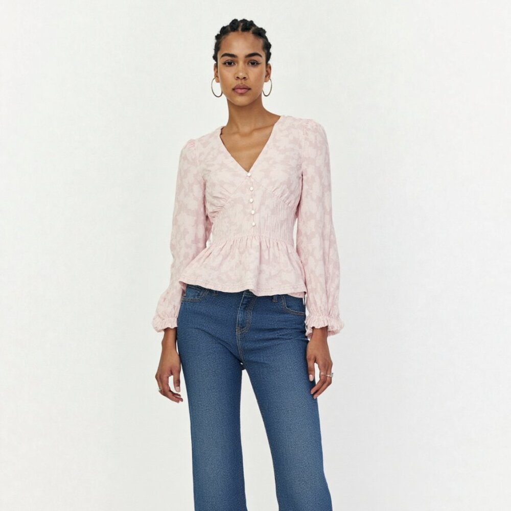 STYLE BUNDLE: FRANKIE B Flared Jeans + SHEIN Blush Blouse, Size 0/S (BB1324B)